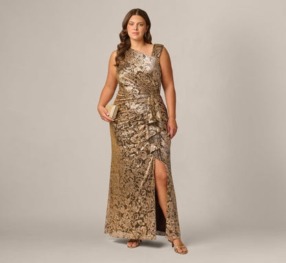Plus Size Sleeveless Asymmetrical Damask Metallic Gown - Chocolate | Adrianna Papell