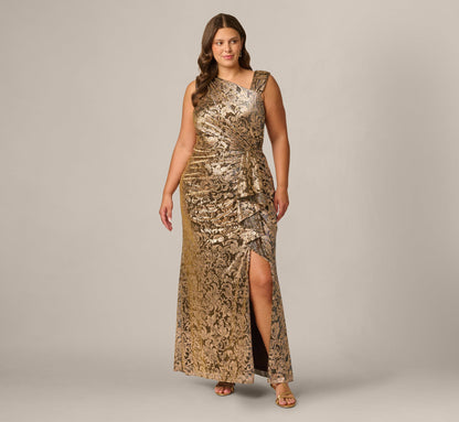 Plus Size Sleeveless Asymmetrical Damask Metallic Gown - Chocolate | Adrianna Papell