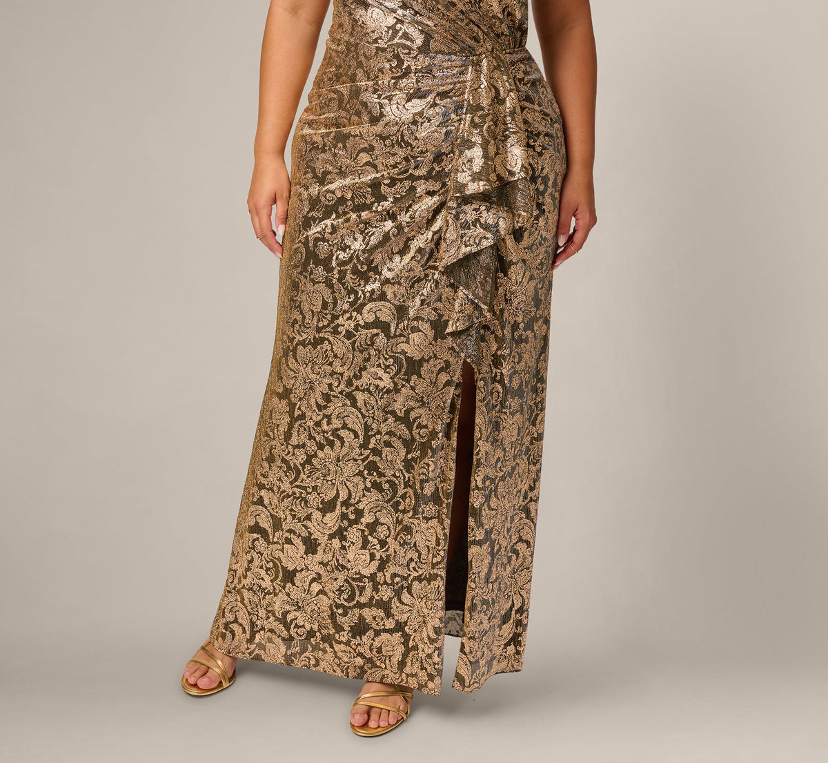 Plus Size Sleeveless Asymmetrical Damask Metallic Gown - Chocolate | Adrianna Papell