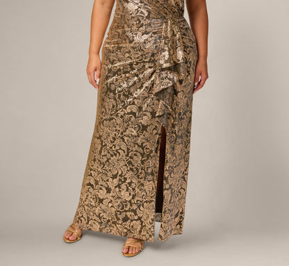 Plus Size Sleeveless Asymmetrical Damask Metallic Gown - Chocolate | Adrianna Papell