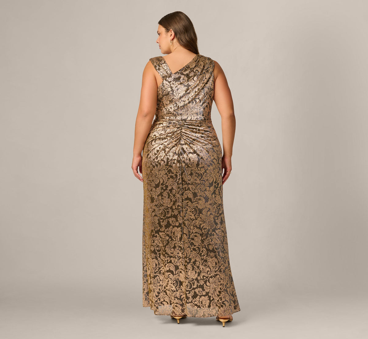 Plus Size Sleeveless Asymmetrical Damask Metallic Gown - Chocolate | Adrianna Papell