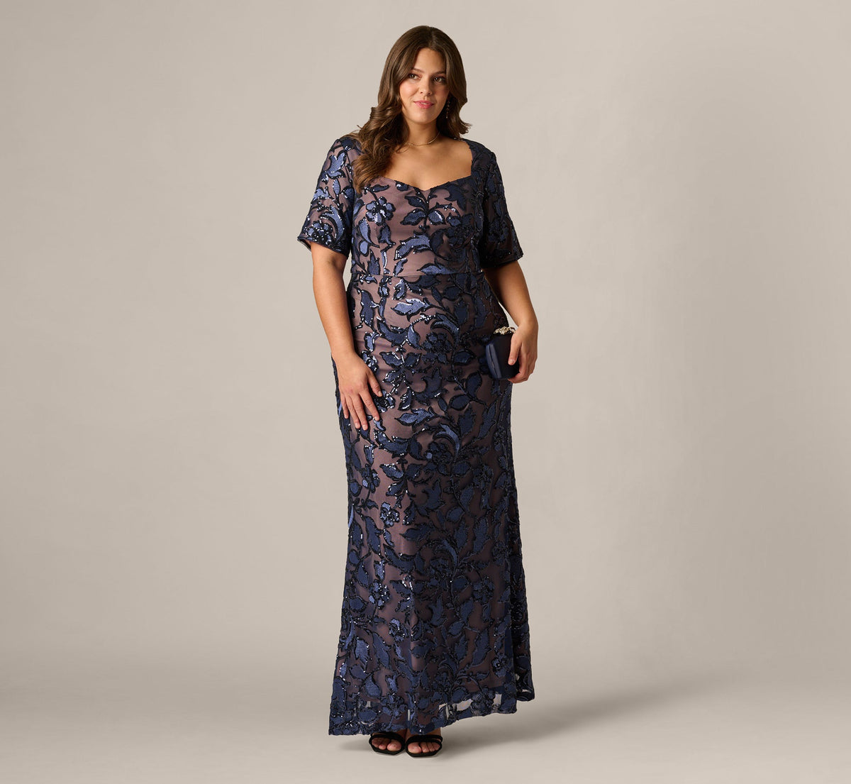 Plus Size Short Sleeve Floral Sequin Stretch Mesh Gown - Navy Rosegold | Adrianna Papell