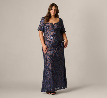Plus Size Short Sleeve Floral Sequin Stretch Mesh Gown - Navy Rosegold | Adrianna Papell