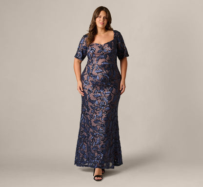 Plus Size Short Sleeve Floral Sequin Stretch Mesh Gown - Navy Rosegold | Adrianna Papell