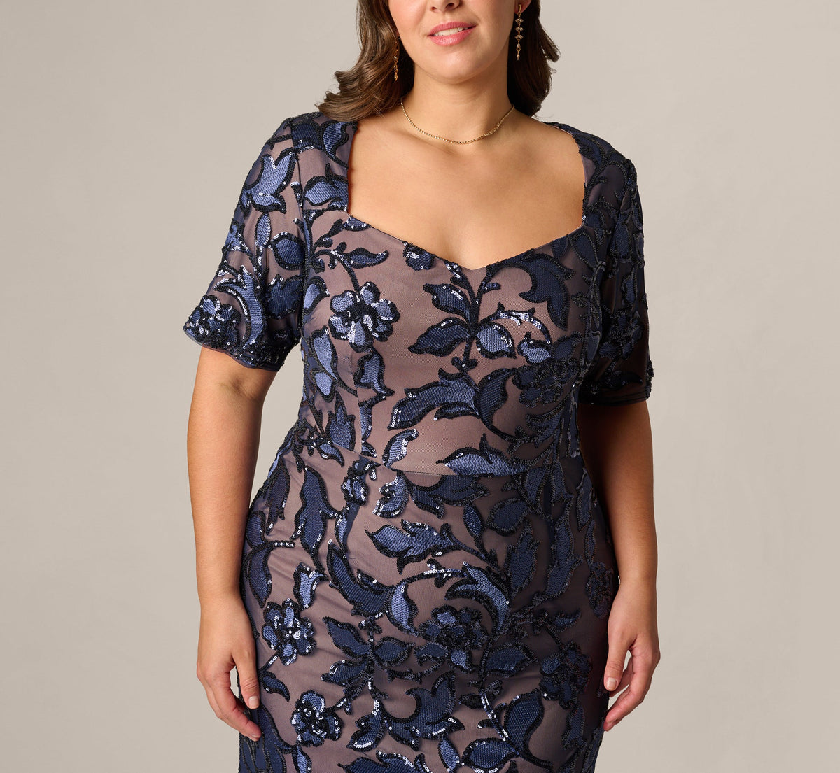 Plus Size Short Sleeve Floral Sequin Stretch Mesh Gown - Navy Rosegold | Adrianna Papell