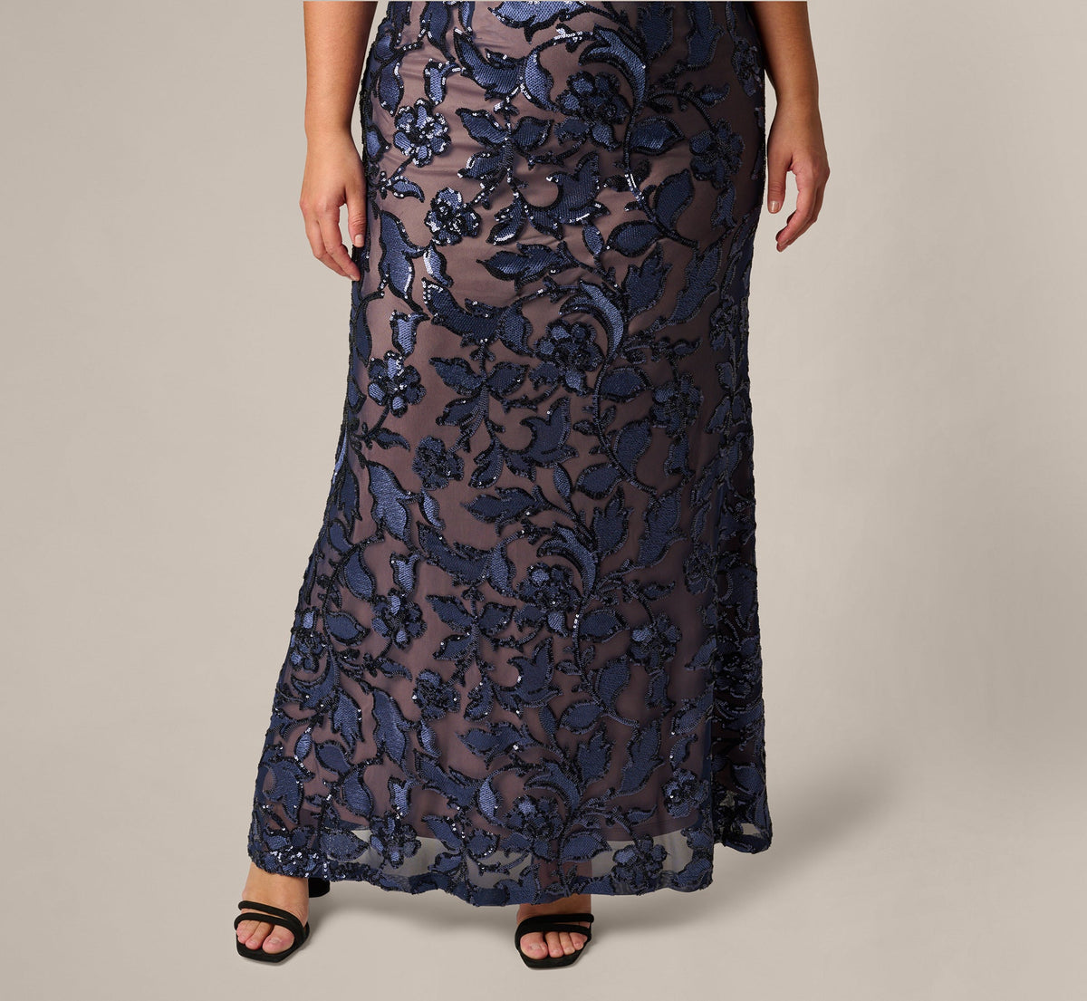 Plus Size Short Sleeve Floral Sequin Stretch Mesh Gown - Navy Rosegold | Adrianna Papell
