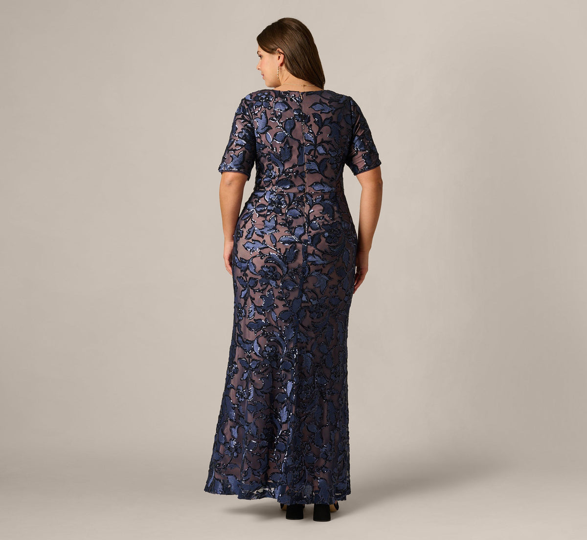 Plus Size Short Sleeve Floral Sequin Stretch Mesh Gown - Navy Rosegold | Adrianna Papell