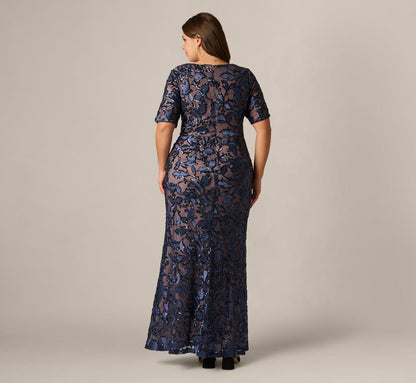 Plus Size Short Sleeve Floral Sequin Stretch Mesh Gown - Navy Rosegold | Adrianna Papell
