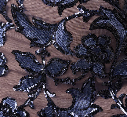 Plus Size Short Sleeve Floral Sequin Stretch Mesh Gown - Navy Rosegold | Adrianna Papell