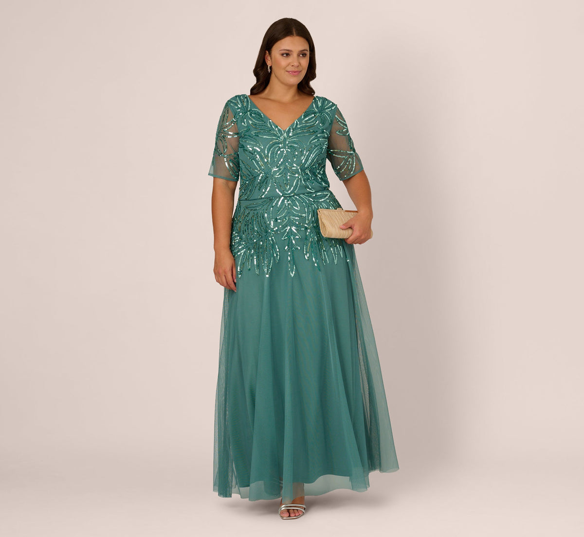 Plus Size Beaded Mesh Long Dress - Green Slate | Adrianna Papell