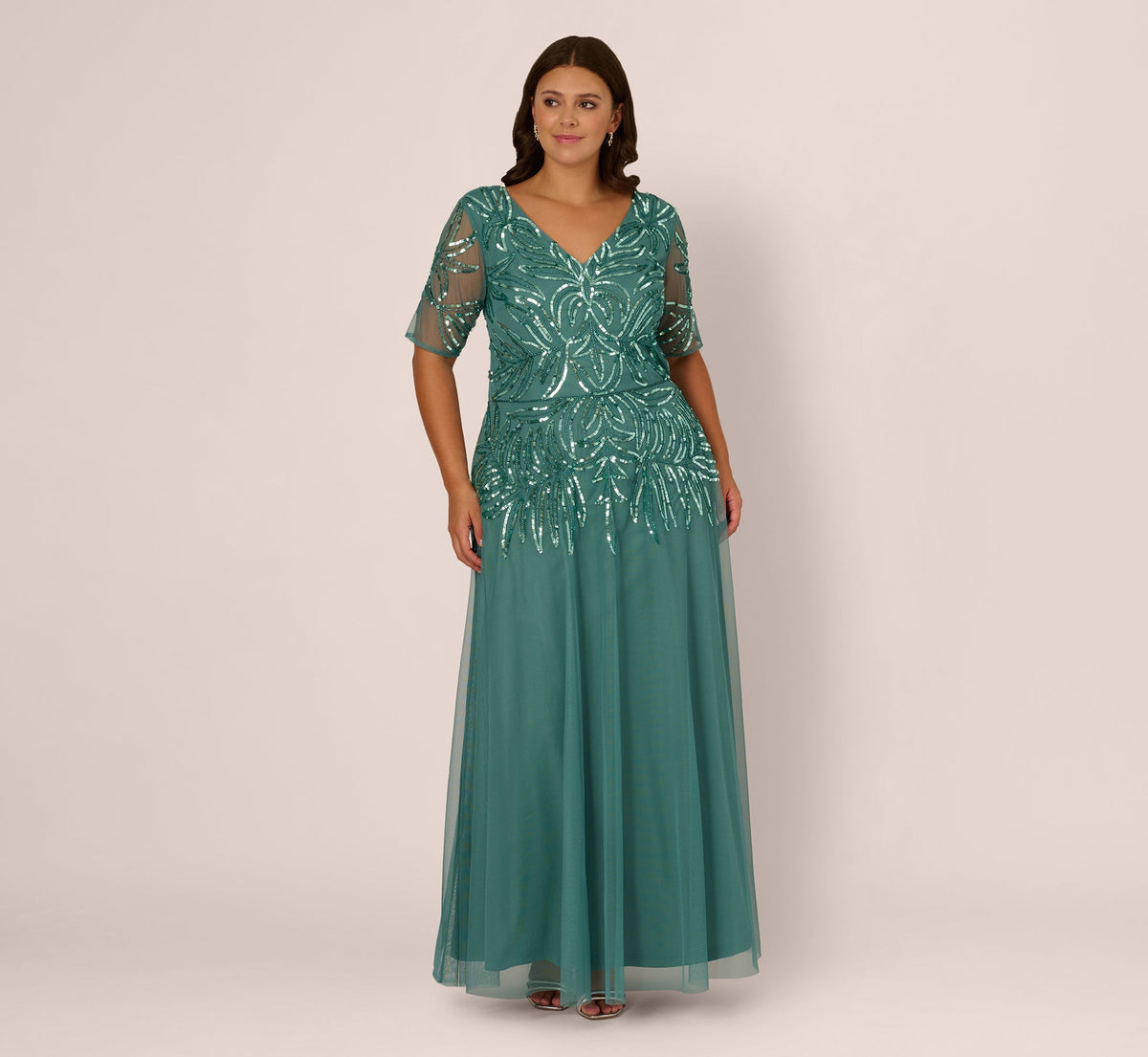 Plus Size Beaded Mesh Long Dress - Green Slate | Adrianna Papell