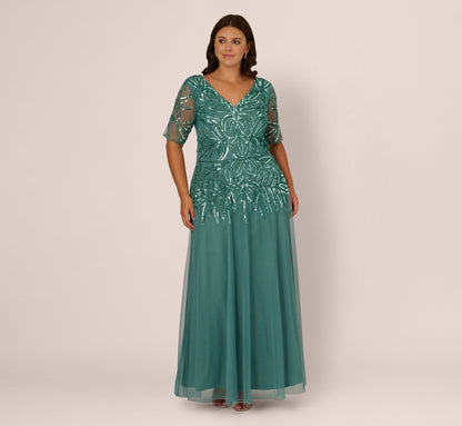 Plus Size Beaded Mesh Long Dress - Green Slate | Adrianna Papell