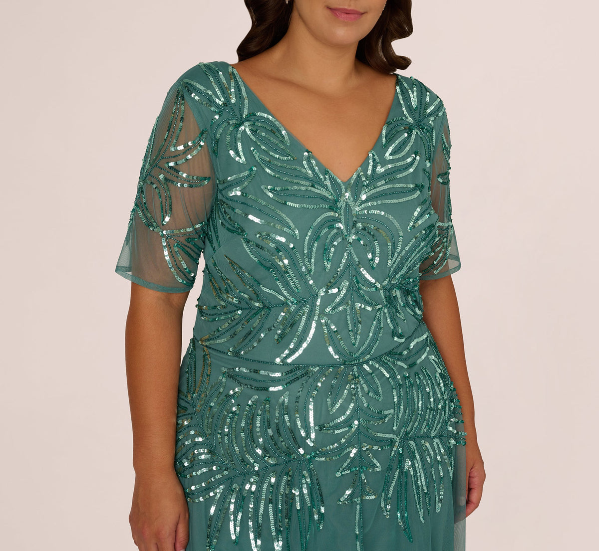 Plus Size Beaded Mesh Long Dress - Green Slate | Adrianna Papell