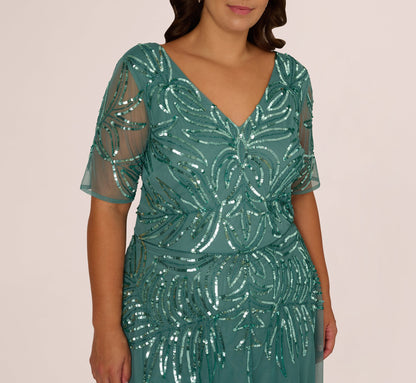 Plus Size Beaded Mesh Long Dress - Green Slate | Adrianna Papell