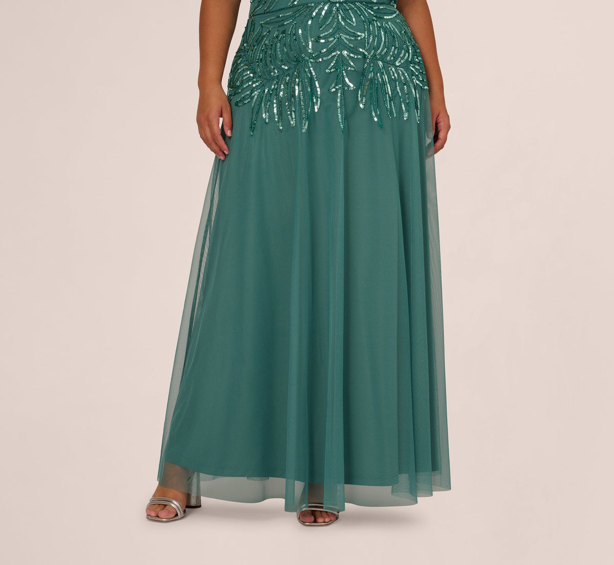 Plus Size Beaded Mesh Long Dress - Green Slate | Adrianna Papell