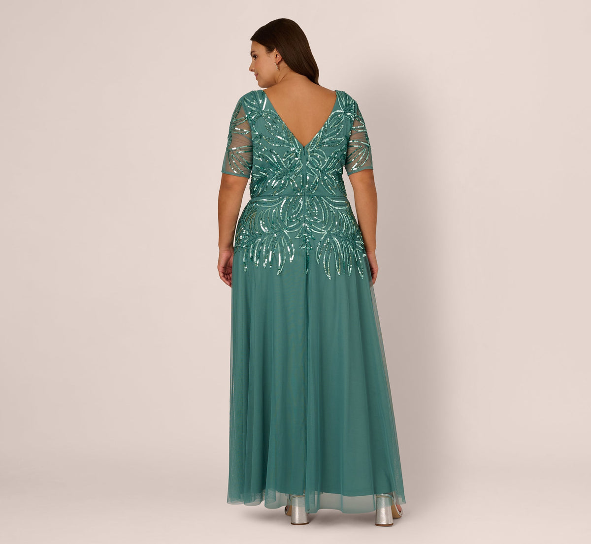 Plus Size Beaded Mesh Long Dress - Green Slate | Adrianna Papell