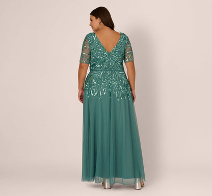 Plus Size Beaded Mesh Long Dress - Green Slate | Adrianna Papell