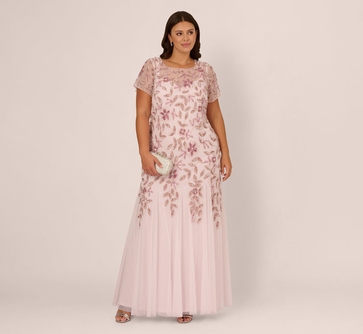 Plus Size Hand Beaded Short Sleeve Floral Godet Gown - Blush Pink | Adrianna Papell
