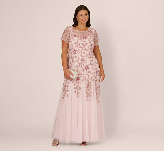 Plus Size Hand Beaded Short Sleeve Floral Godet Gown - Blush Pink | Adrianna Papell