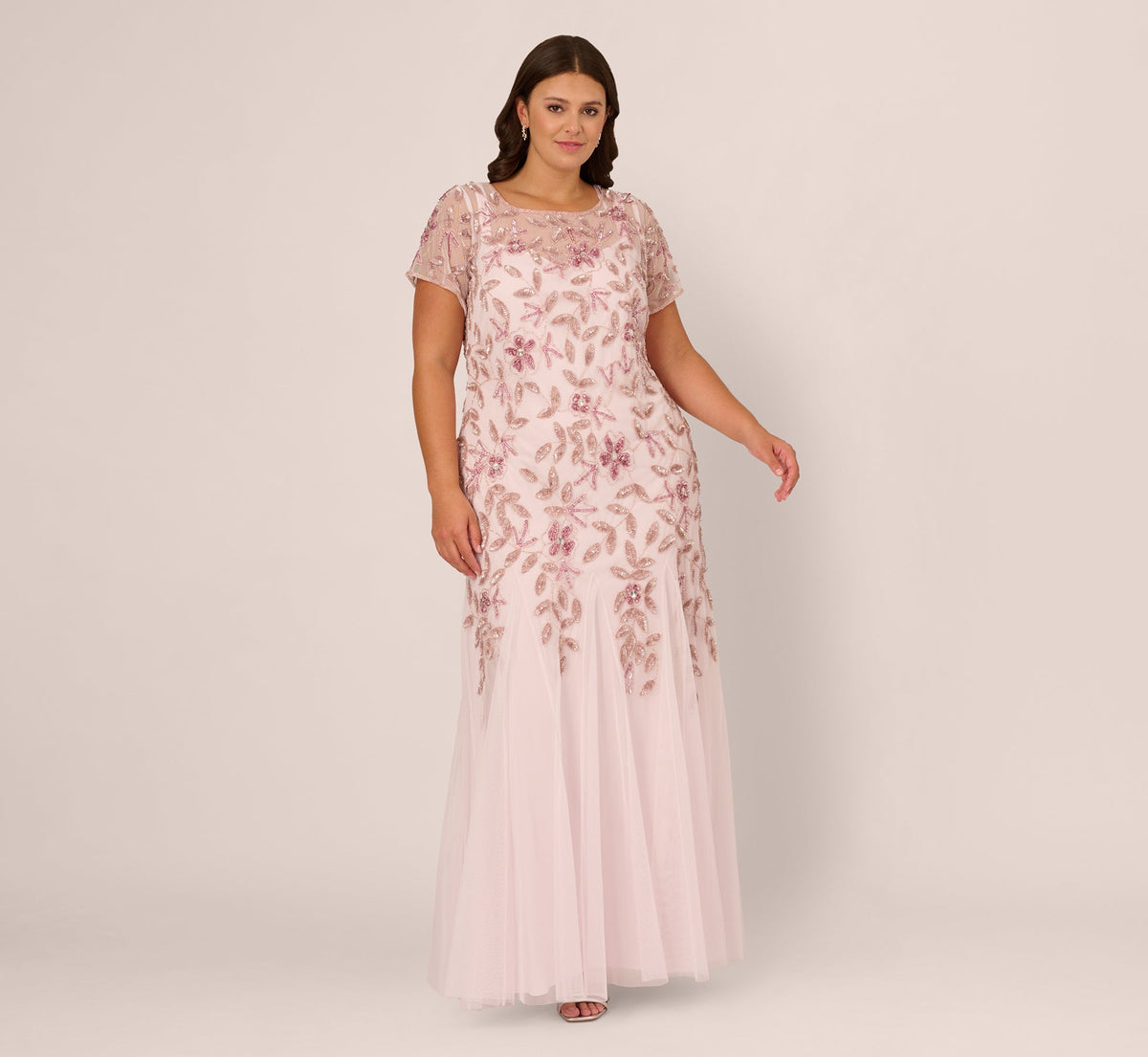 Plus Size Hand Beaded Short Sleeve Floral Godet Gown - Blush Pink | Adrianna Papell