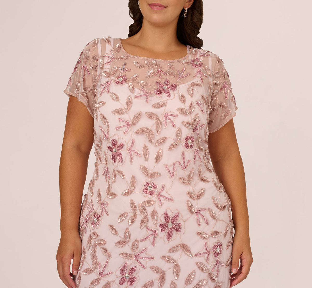 Plus Size Hand Beaded Short Sleeve Floral Godet Gown - Blush Pink | Adrianna Papell