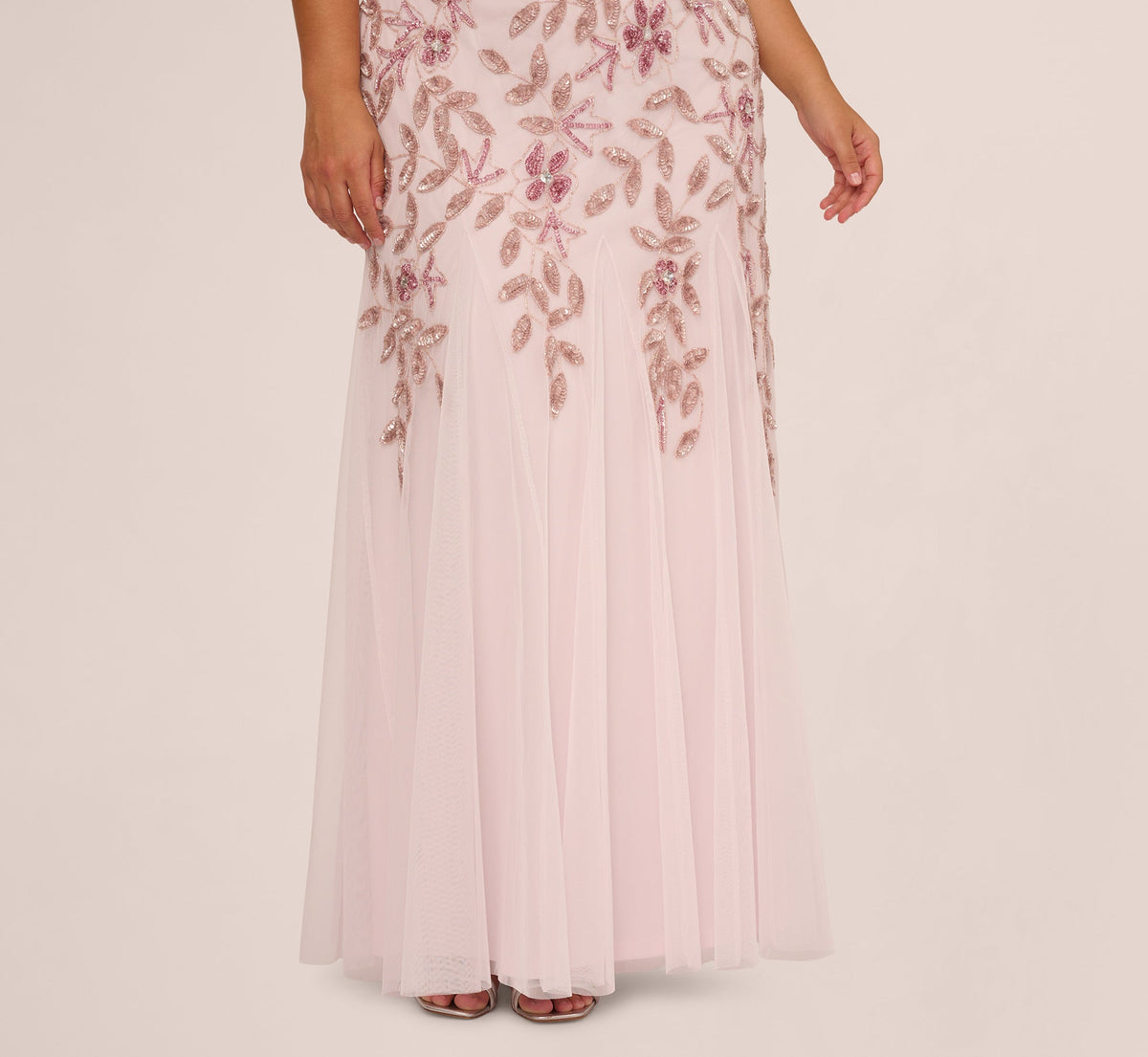 Plus Size Hand Beaded Short Sleeve Floral Godet Gown - Blush Pink | Adrianna Papell
