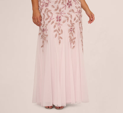 Plus Size Hand Beaded Short Sleeve Floral Godet Gown - Blush Pink | Adrianna Papell