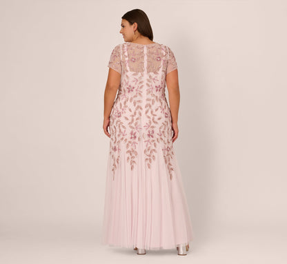Plus Size Hand Beaded Short Sleeve Floral Godet Gown - Blush Pink | Adrianna Papell