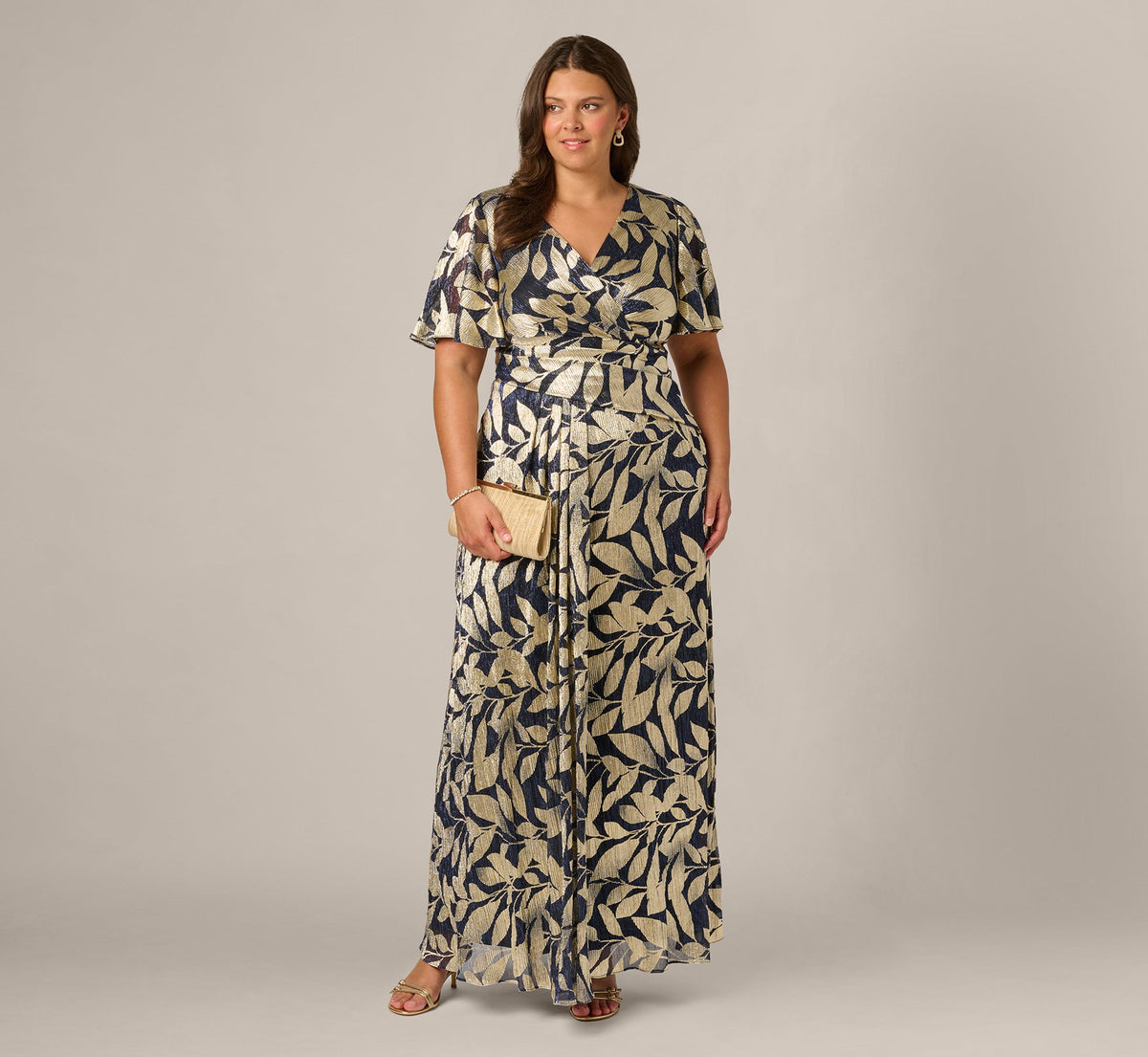 Plus Size Foil Leaf Short Sleeve Gown With Draped Details - Navy Gold | Adrianna Papell