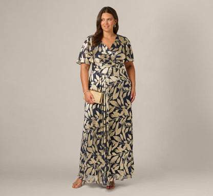 Plus Size Foil Leaf Short Sleeve Gown With Draped Details - Navy Gold | Adrianna Papell