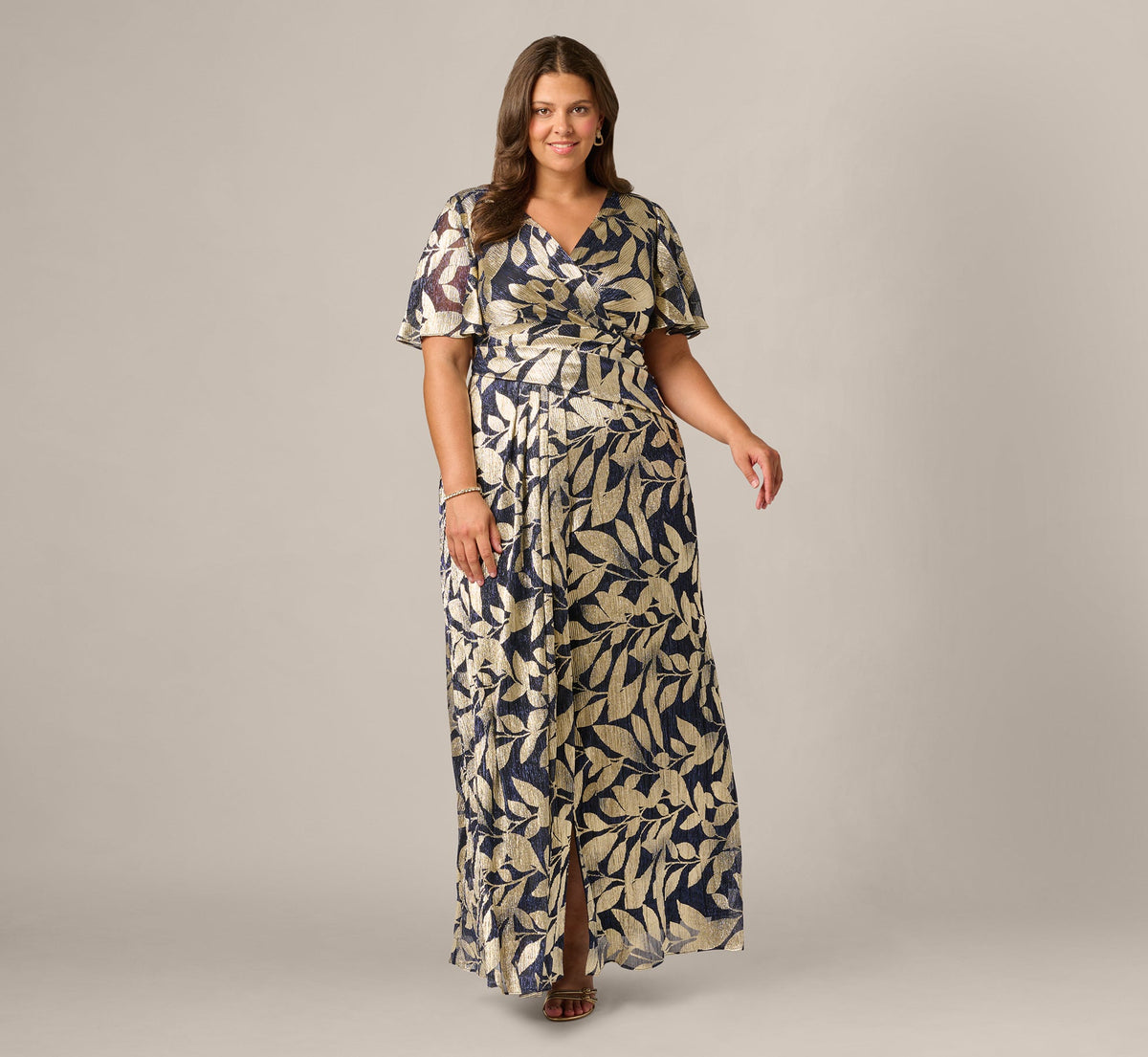 Plus Size Foil Leaf Short Sleeve Gown With Draped Details - Navy Gold | Adrianna Papell