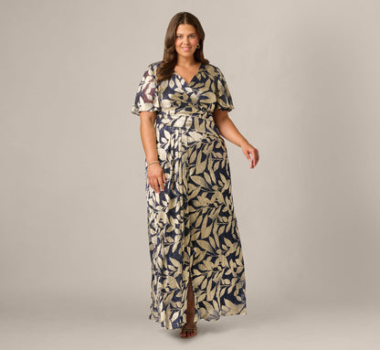 Plus Size Foil Leaf Short Sleeve Gown With Draped Details - Navy Gold | Adrianna Papell