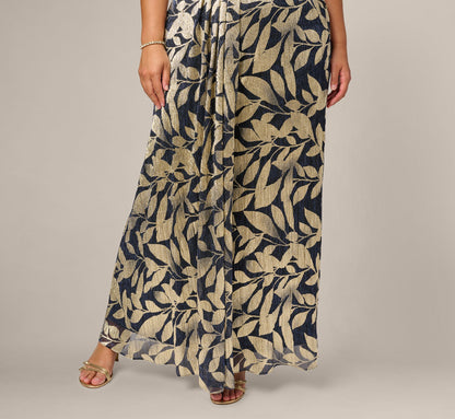 Plus Size Foil Leaf Short Sleeve Gown With Draped Details - Navy Gold | Adrianna Papell