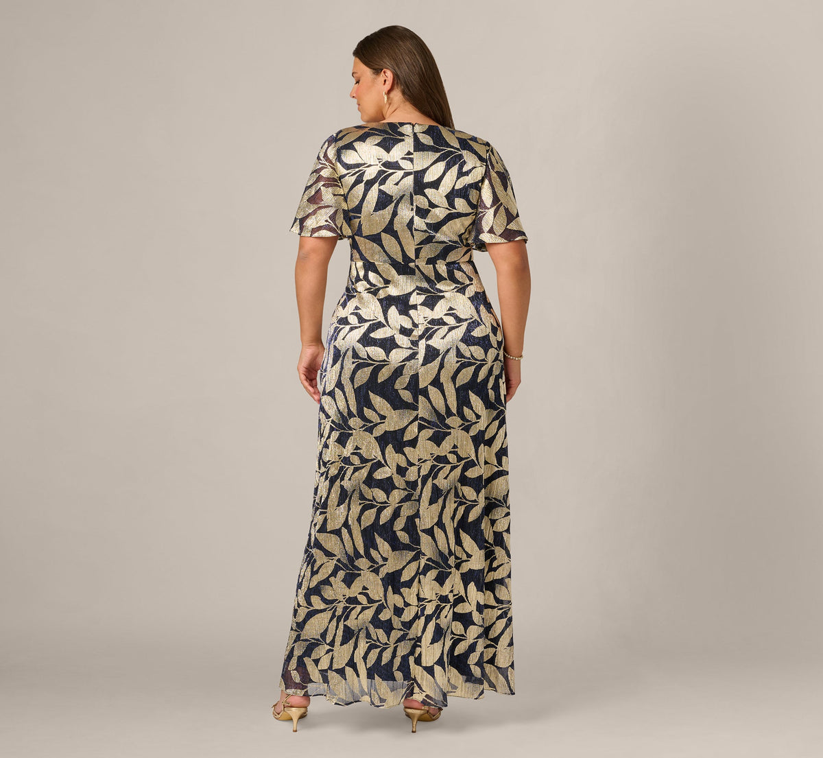 Plus Size Foil Leaf Short Sleeve Gown With Draped Details - Navy Gold | Adrianna Papell