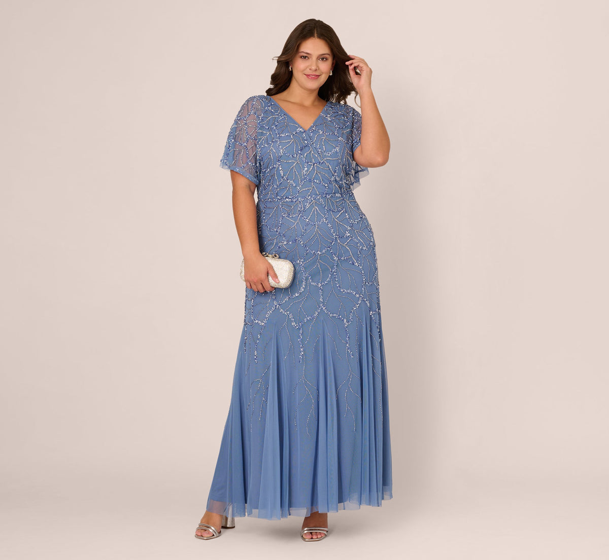 Plus Size Flutter Sleeve Surplice Beaded Gown - French Blue | Adrianna Papell