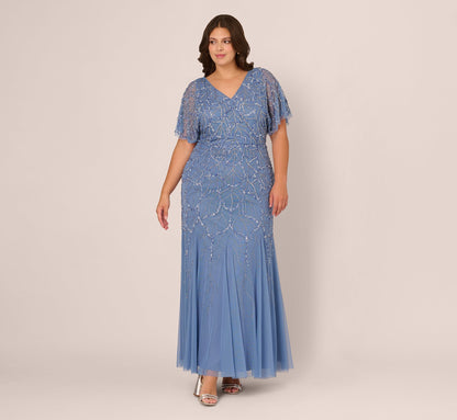 Plus Size Flutter Sleeve Surplice Beaded Gown - French Blue | Adrianna Papell