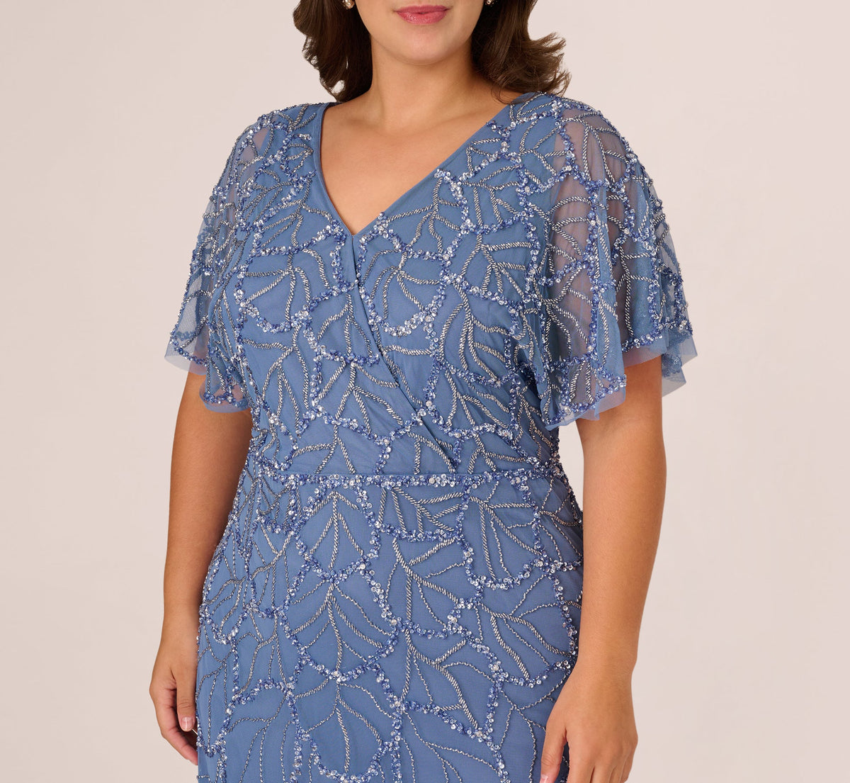 Plus Size Flutter Sleeve Surplice Beaded Gown - French Blue | Adrianna Papell