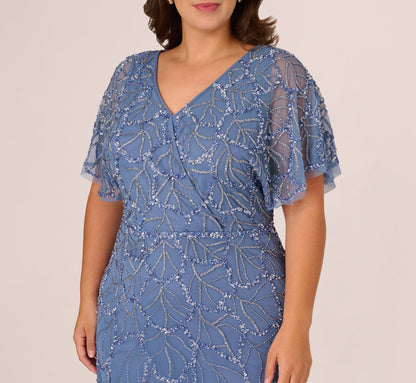Plus Size Flutter Sleeve Surplice Beaded Gown - French Blue | Adrianna Papell
