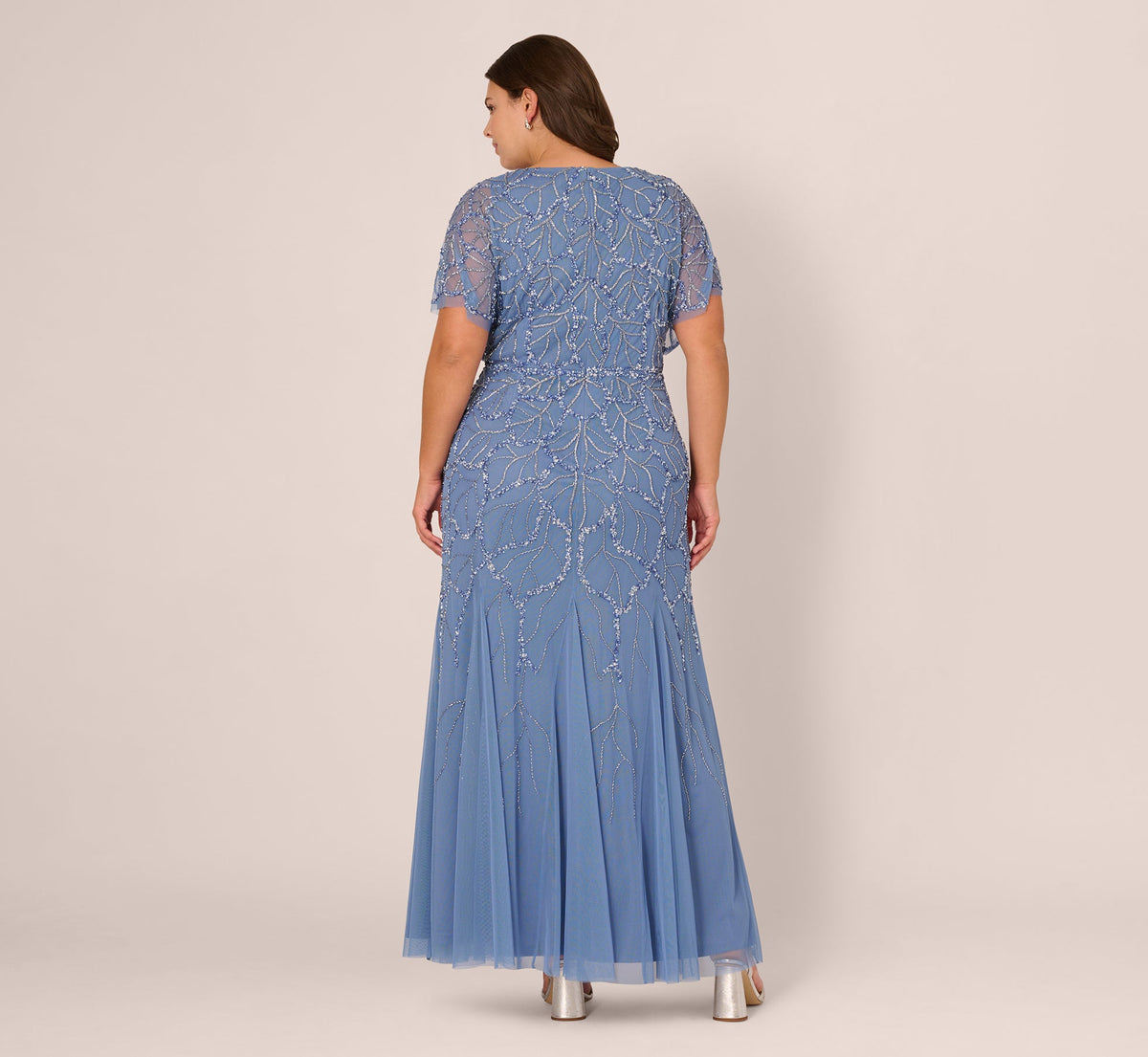 Plus Size Flutter Sleeve Surplice Beaded Gown - French Blue | Adrianna Papell