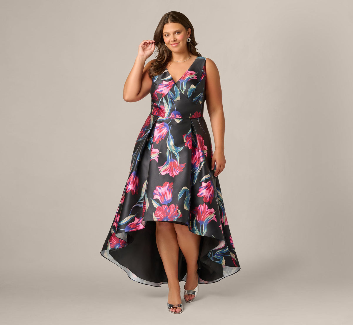 Plus Size Floral Print Mikado High Low Gown - Black Multi | Adrianna Papell