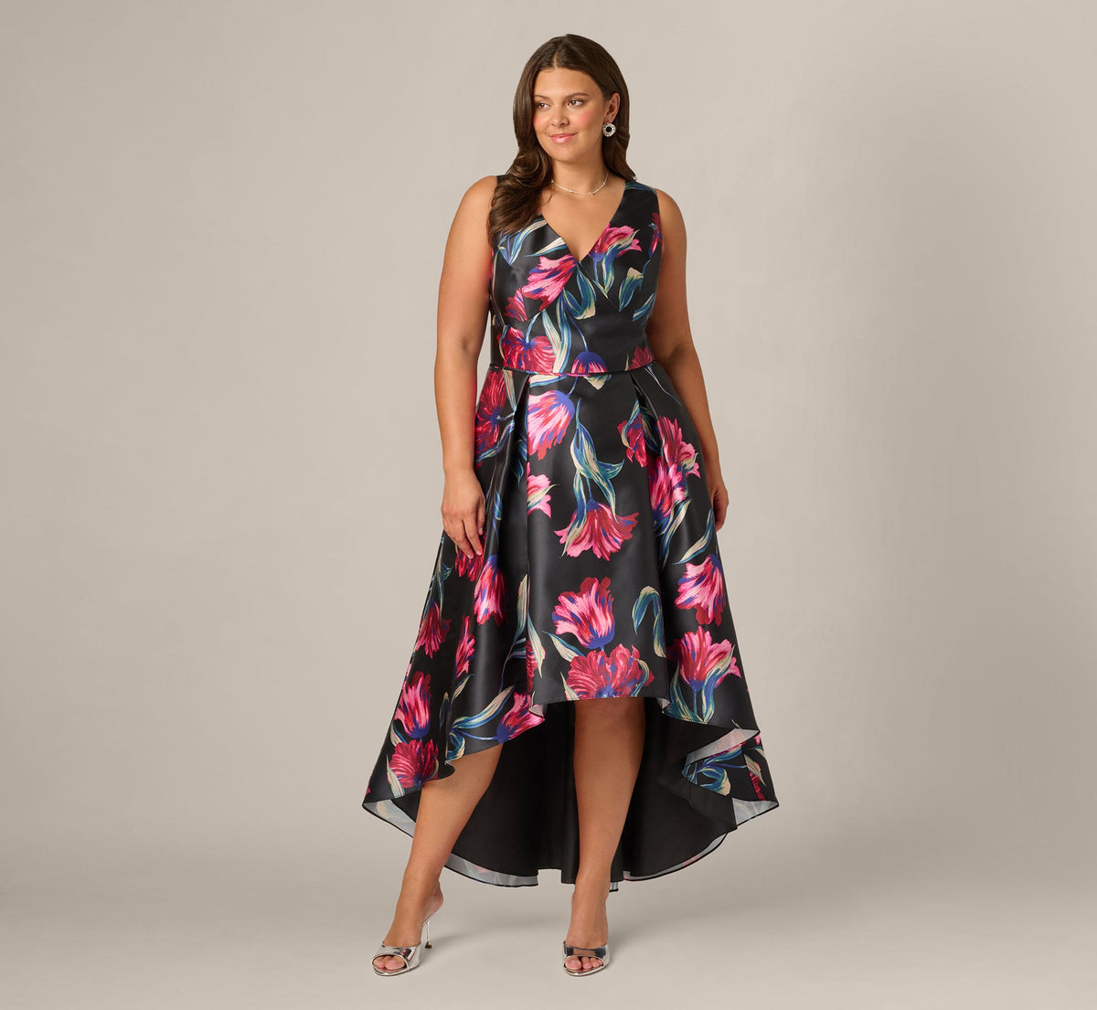 Plus Size Floral Print Mikado High Low Gown - Black Multi | Adrianna Papell