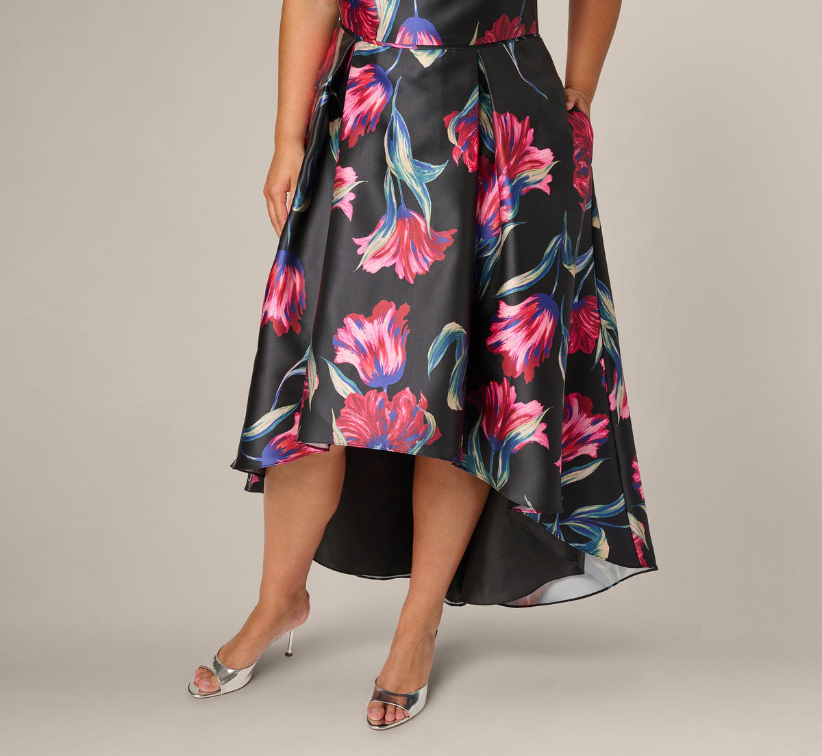 Plus Size Floral Print Mikado High Low Gown - Black Multi | Adrianna Papell