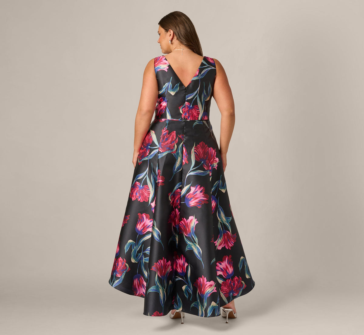 Plus Size Floral Print Mikado High Low Gown - Black Multi | Adrianna Papell