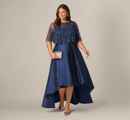 Plus Size Beaded Cape High Low Taffeta Combo Gown - Light Navy | Adrianna Papell