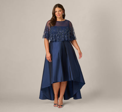 Plus Size Beaded Cape High Low Taffeta Combo Gown - Light Navy | Adrianna Papell