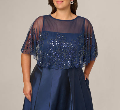 Plus Size Beaded Cape High Low Taffeta Combo Gown - Light Navy | Adrianna Papell