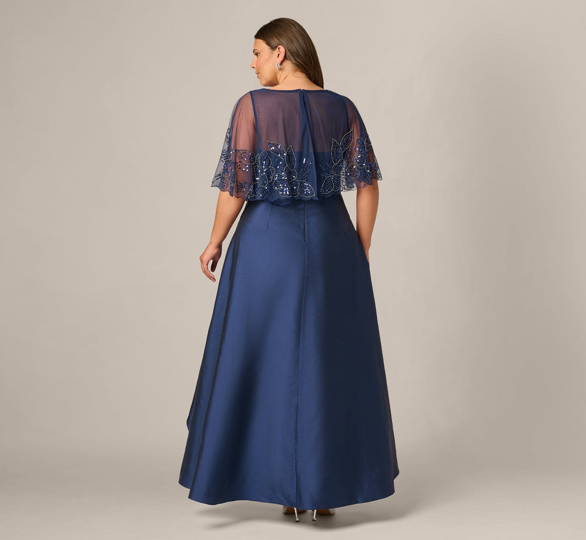 Plus Size Beaded Cape High Low Taffeta Combo Gown - Light Navy | Adrianna Papell