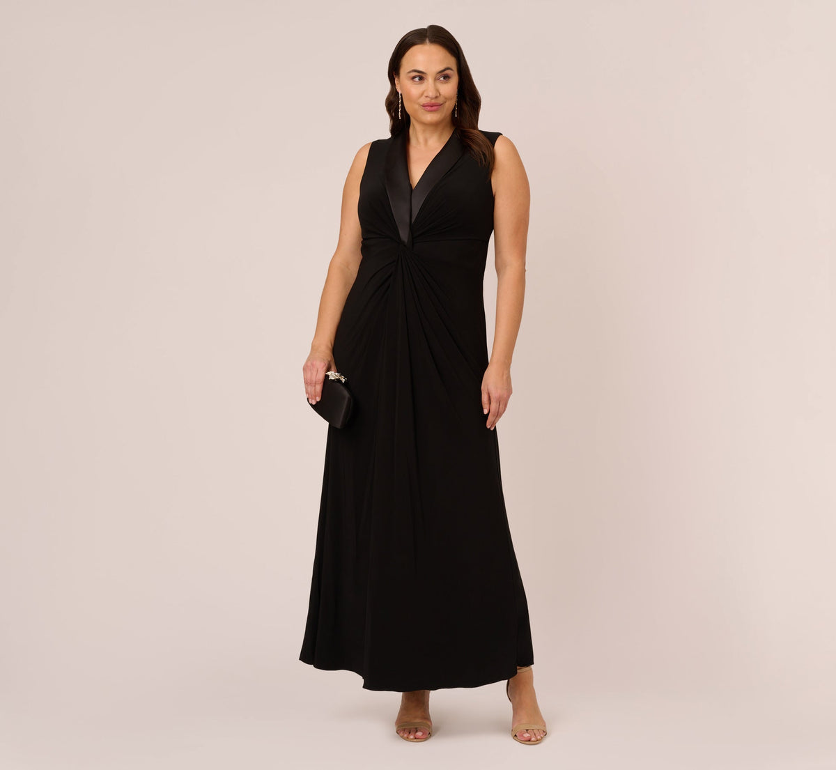 Plus Size Matte Jersey Twist Front Tuxedo Long Gown - Black | Adrianna Papell