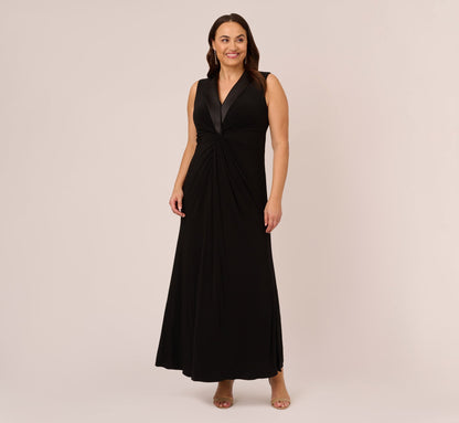 Plus Size Matte Jersey Twist Front Tuxedo Long Gown - Black | Adrianna Papell