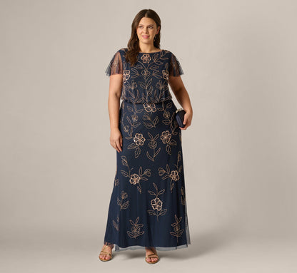 Plus Size Flutter Sleeve Floral Beaded Blouson Gown - Navy Rosegold | Adrianna Papell